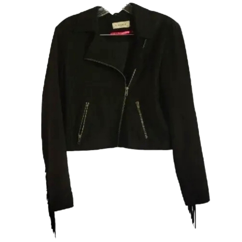 NAF NAF Paris Goat Suede Western Jacket Fringe Back & Sleeves Asymmetrical Zip